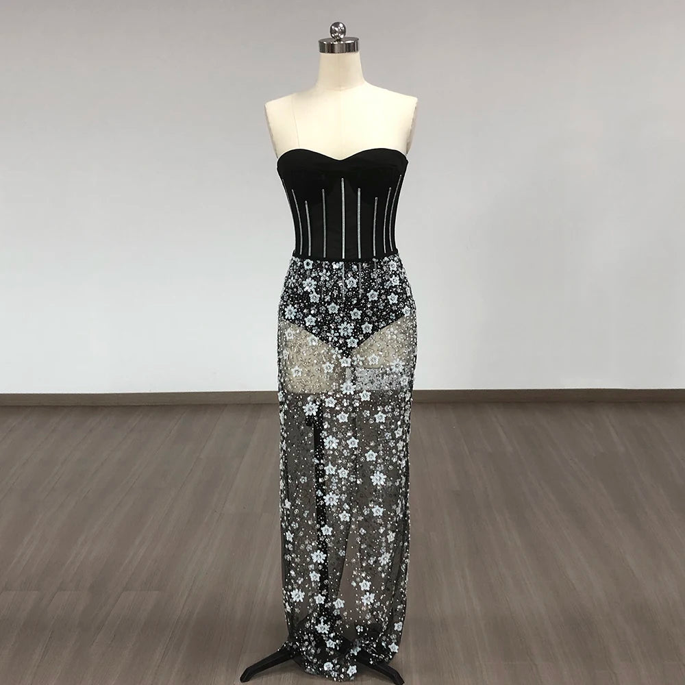 Fashion Black Color Women Sexy Strapless 2 Pieces Bodycon Long Dress Mesh Sequins Nightclub Party Celebrate Dress