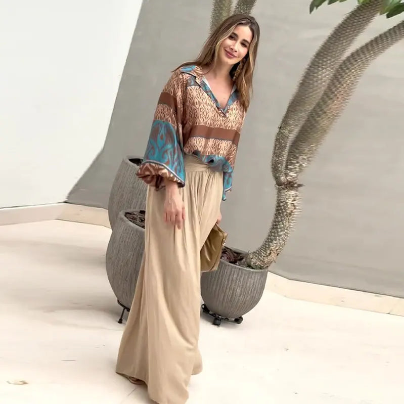 Women Loose High Waist Pant Print V Neck Long Sleeves Top 2 Pieces Sets Spring Summer Casual Street Female Outfits NEW Khaki