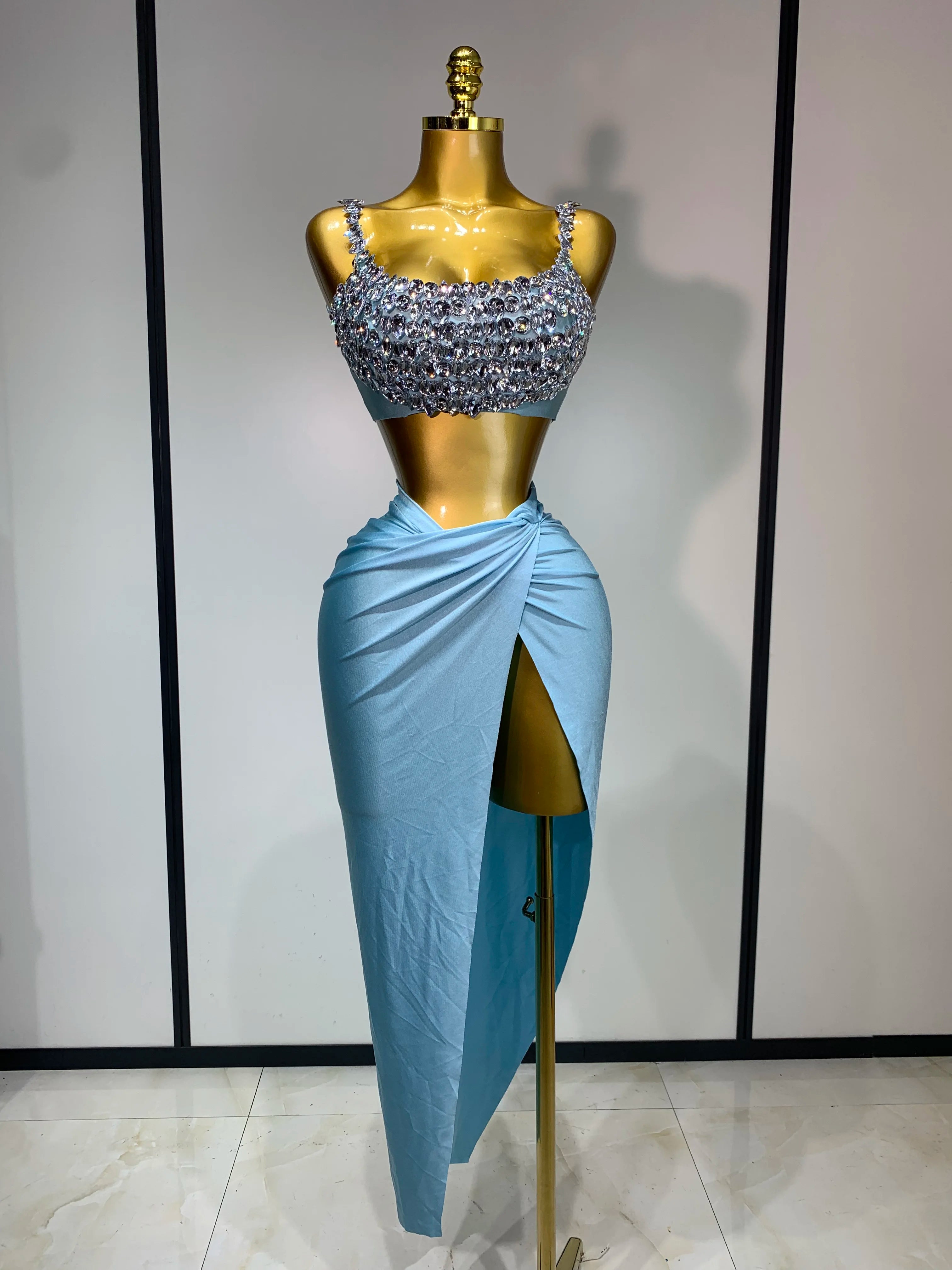 Women Sexy Stretched Crystal Diamonds Two Pieces Set Nightclub Singer Dancer Sparkly Stage Costume Evening Party Birthday Gowns