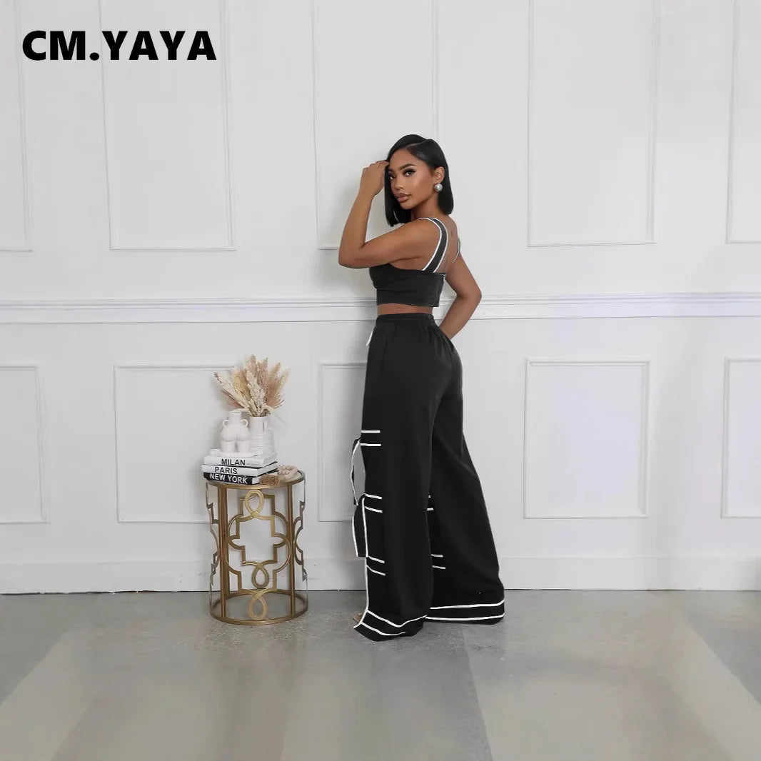 CM.YAYA Fashion Women Striped Patchwork Bowknot Split Wide Leg Jogger Pants 2025 Summer Active Sporty Classic Trousers