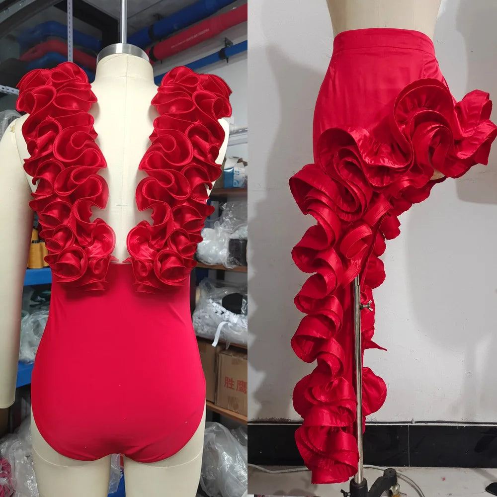CM.YAYA Women Sets Streetwear 2 Two-piece Suits Sexy Beach Holiday Ruffles Asymmetrical V-neck Bodysuit+Long Skirts Bikinis Sets