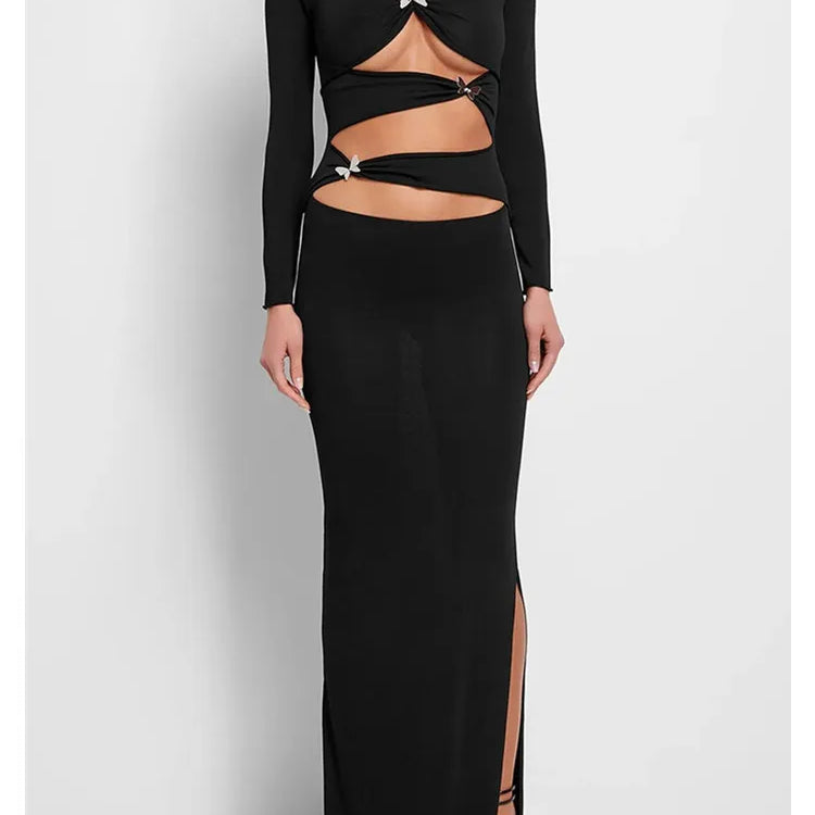Luxury Women Celebrity Sexy Cut Out Butterfly Long Sleeve Black Maxi Long Bodycon Dress 2024 Elegant Evening Club Party Dress