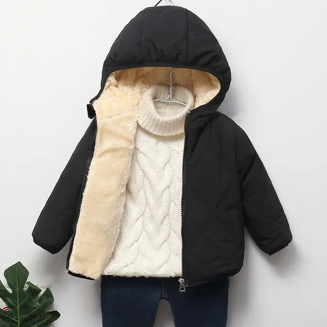 Baby Kids Coats Winter Thicken Jackets For Boys Warm Plush Outerwear Girls Fur Hooded Jackets Toddler Children Clothes Snowsuit black