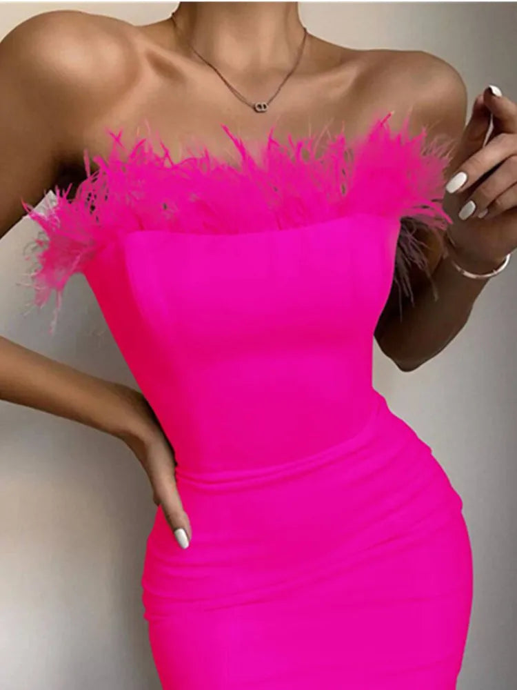Vestido midi preto sem alças, sexy, de verão, sem costas, com penas, justo, bandagem, designer, moda festa, clube