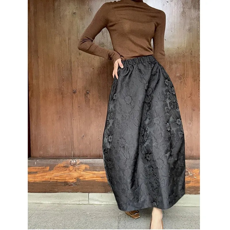 New Arrival Spring/summer Arts Style Women Casual Loose Fit Elastic Waist A-line Jacquard Design Ankle-length Skirt P02