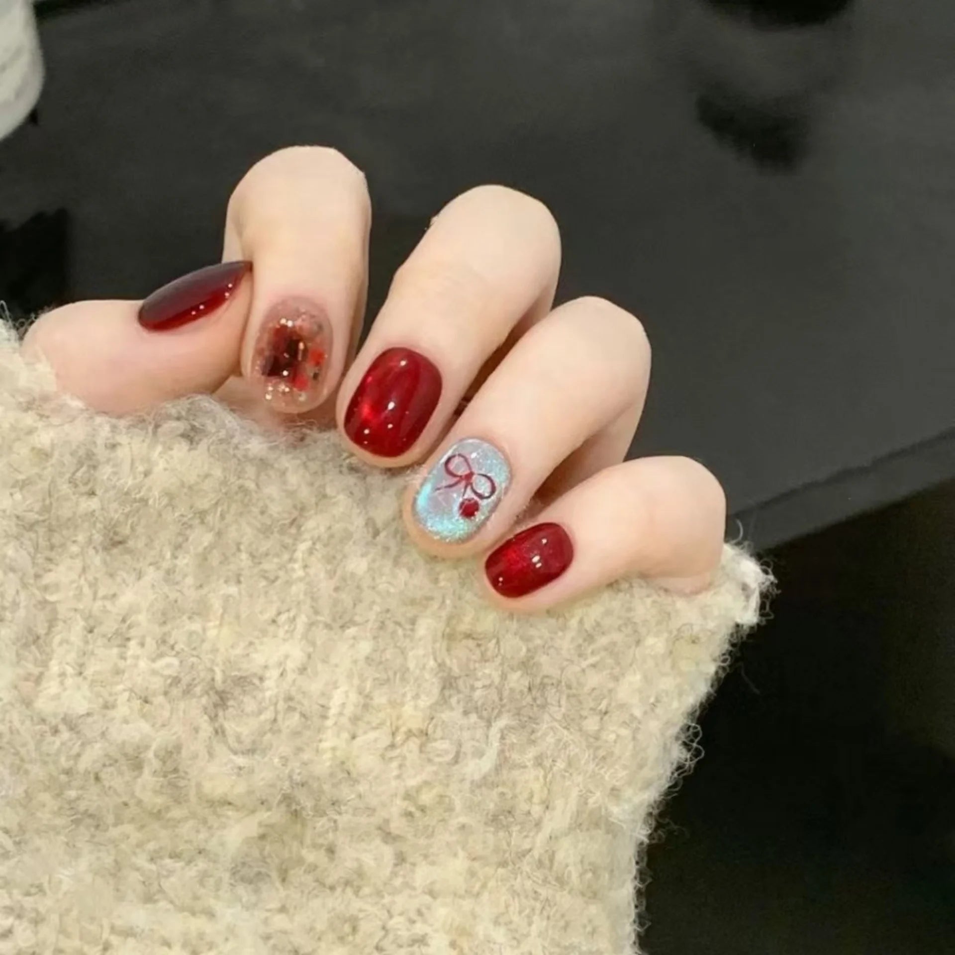 10pcs Pink French Handmade Nails Sets Press on Glitter Cat's Eye Short Square Round Fake Nails Tips Detachable Simple False Nail