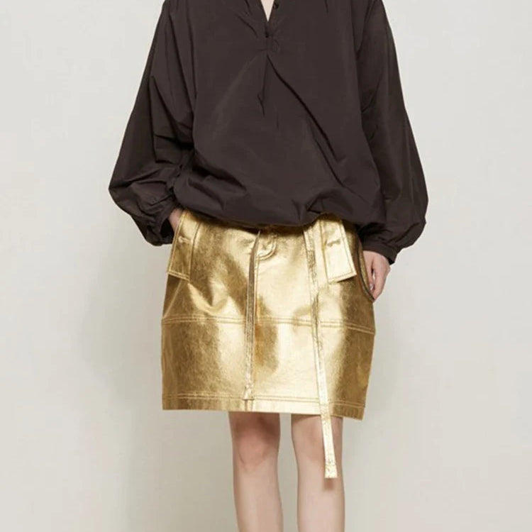 Summer Autumn Gold Shiny Faux Leather Skirt Women with Sashes A Line Korean Style Clothes Streetwear 2023 Runway Fashion