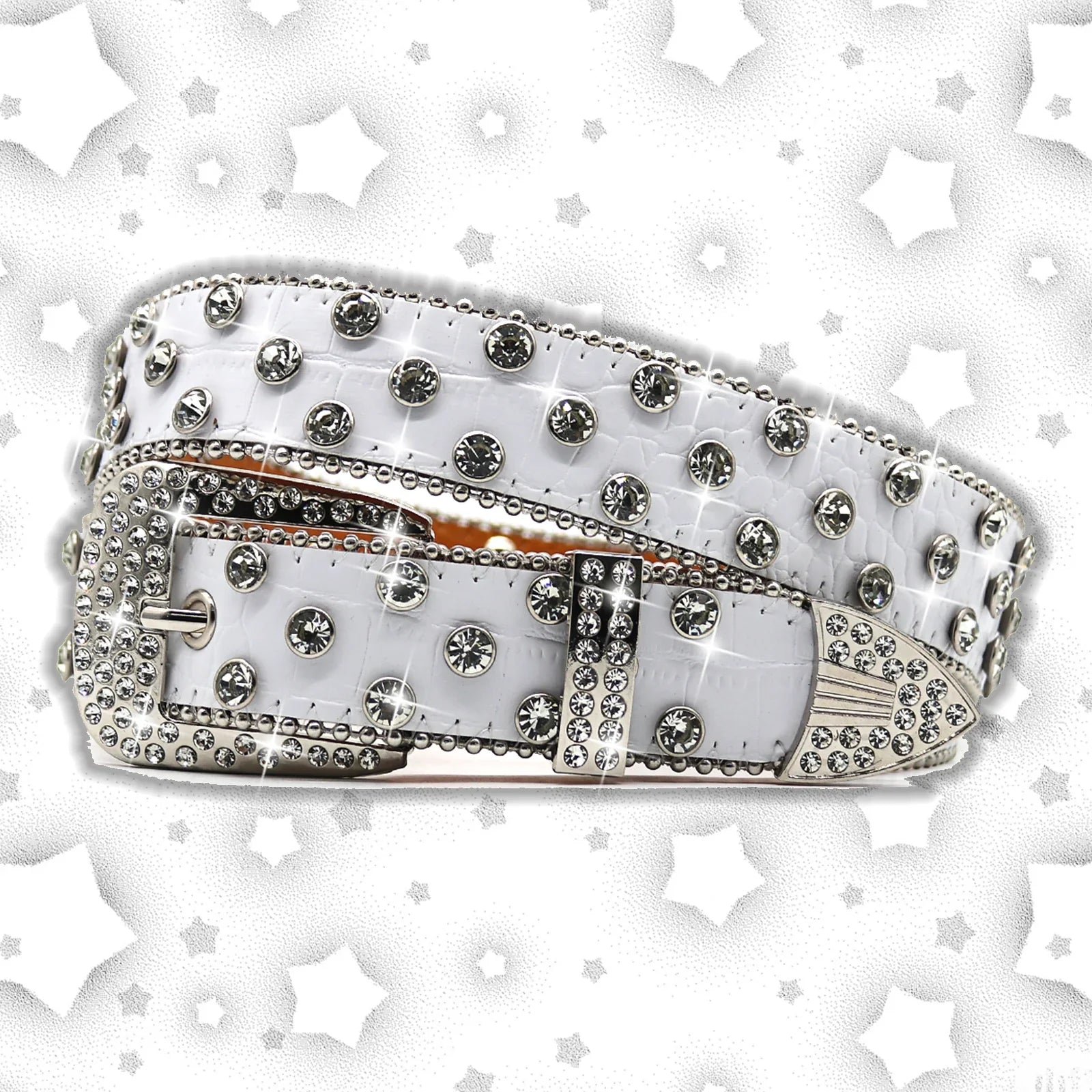 Western Cowgirl Bling Studded Design Leather Diamond Belt Men Women Fashion Dazzling Rhinestone Belt for Jeans Dress White
