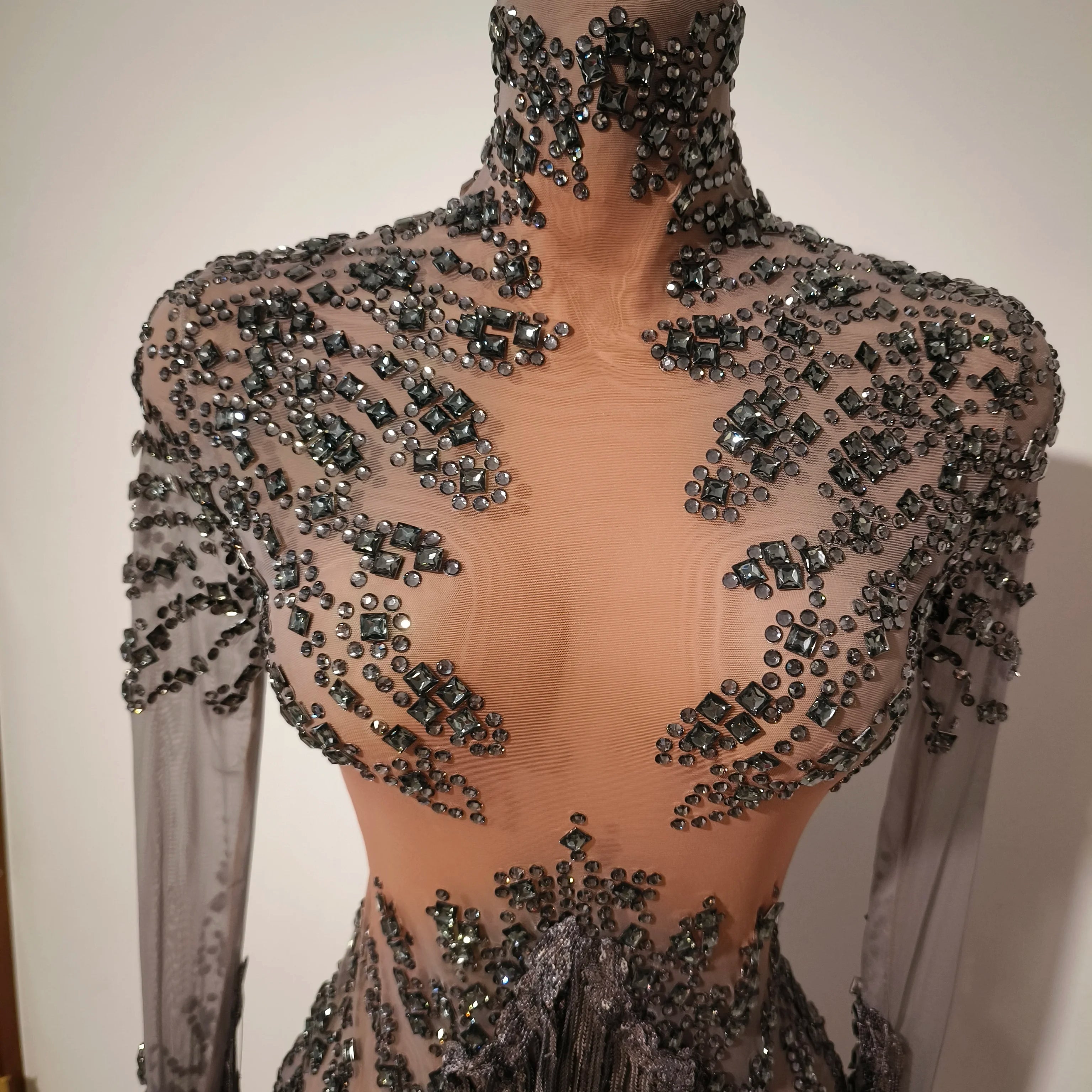 Women Sexy Gray Silver Tassel Crystal Diamonds Stretchy Night Club See Through Singer Dancer Stage Costume Party Bodysuit