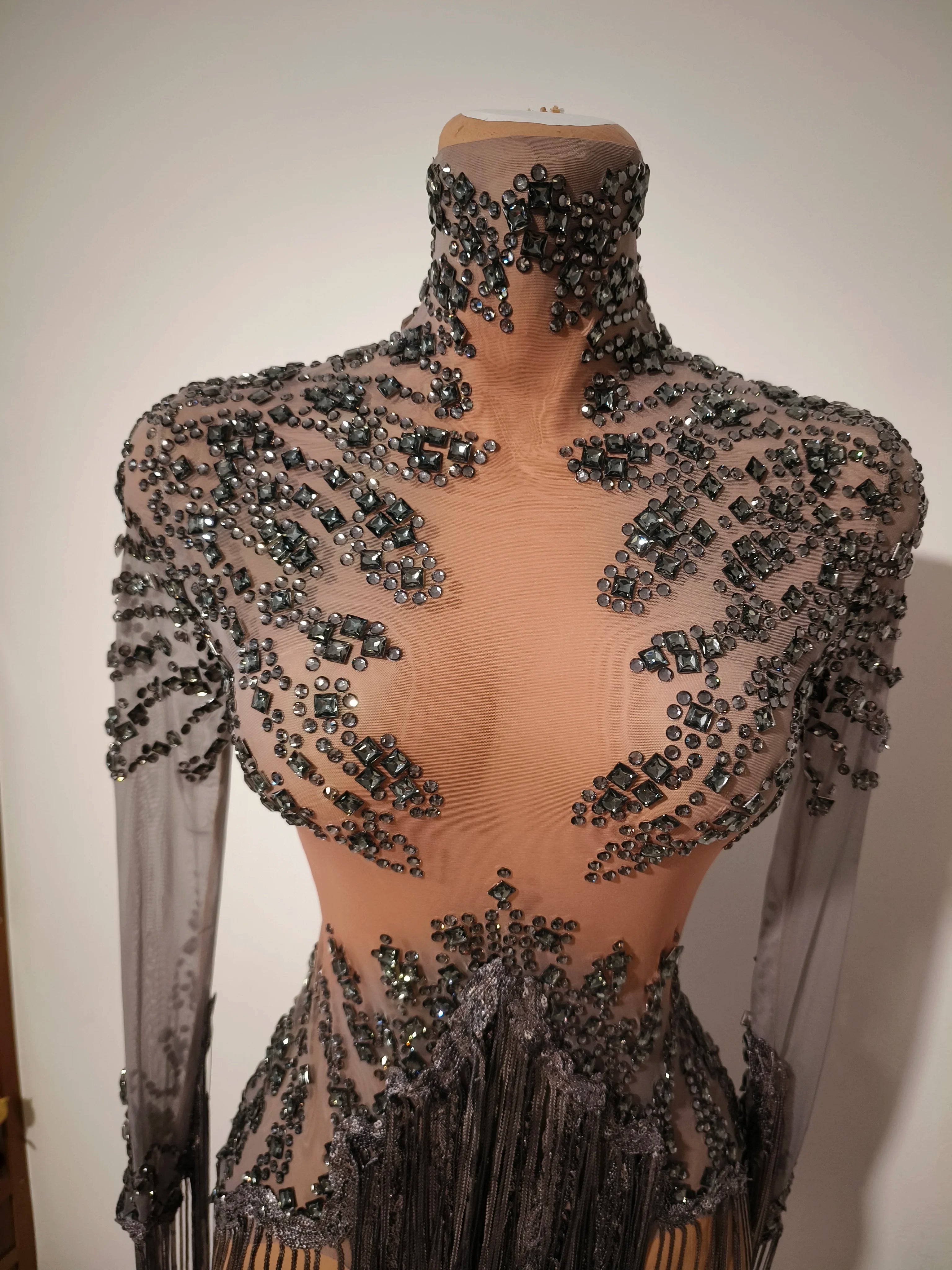 Women Sexy Gray Silver Tassel Crystal Diamonds Stretchy Night Club See Through Singer Dancer Stage Costume Party Bodysuit