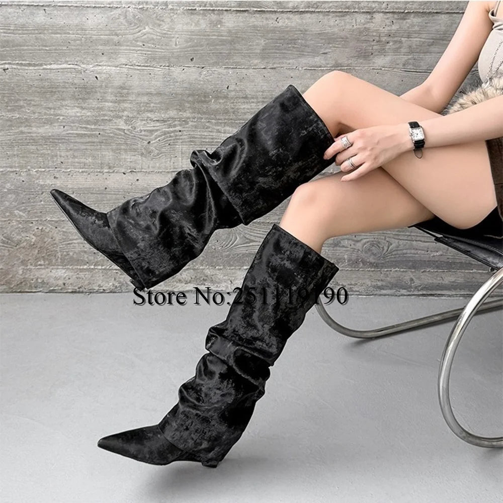 Brown Pleated Knee-high Boots Pointed Toe Wedges 2025 Black Fashion Shoes Autumn Winter Slip On Pull On Luxury Designer Booties