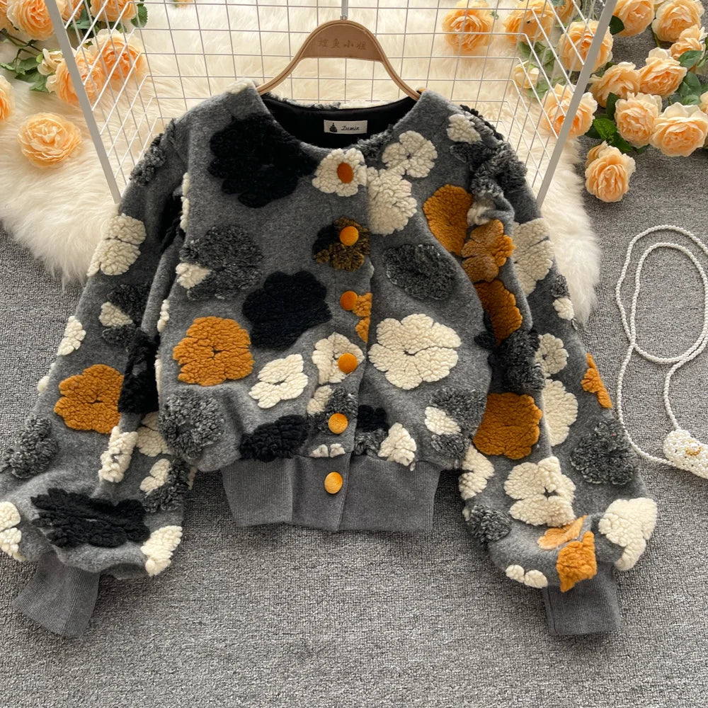 Sweet Long Sleeve Single Breasted Short Jacket Retro Three-dimensional Flower O Neck Clothing Winter 6 Color Coat gray One Size