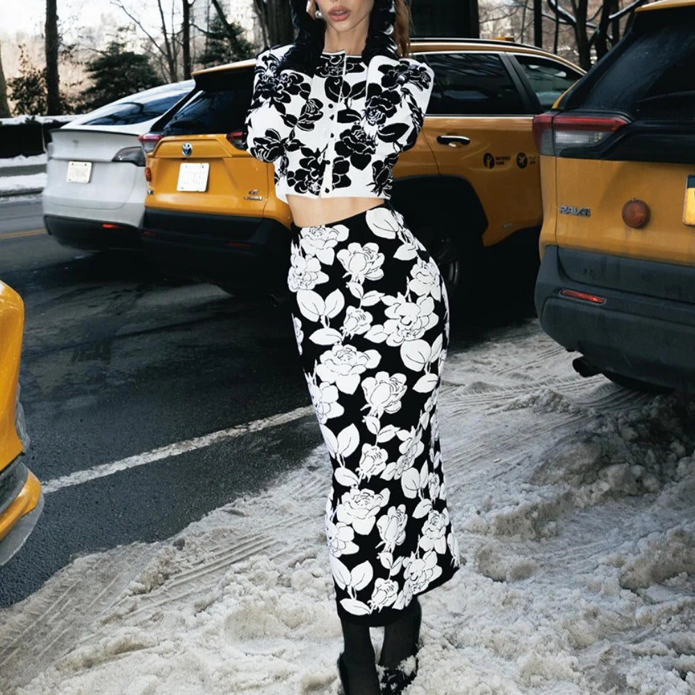 TWOTWINSTYLE Hit Color Printing Two Piece Sets for Women Round Neck Long Sleeve Patchwork Button Top High Waist Skirt Set Female