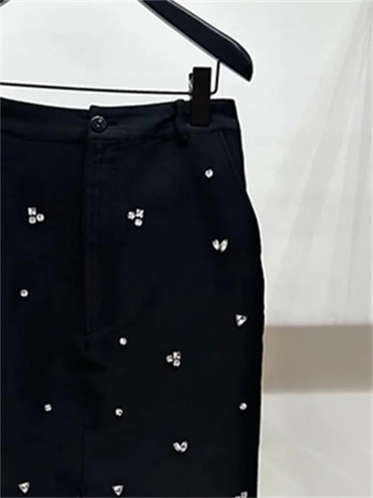 Women Classic Black Split Knitted Skirt Diamond Embellishment Slim Fit Mid Length Skirts Early Autumn