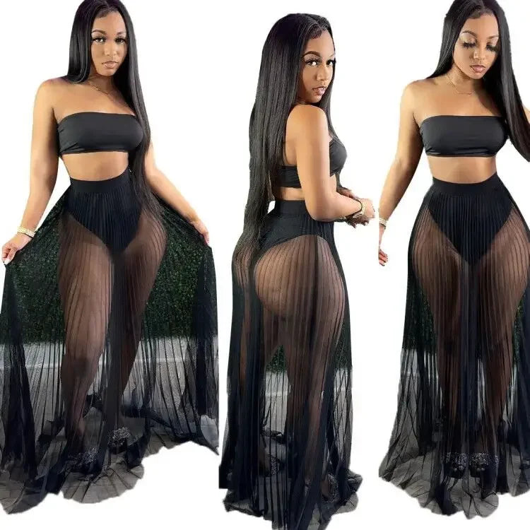 CM.YAYA Women Mesh See Though Two Piece Set Sexy Beach Strapless Tops and Pleated Maxi Skirts Matching Set Summer Outfits