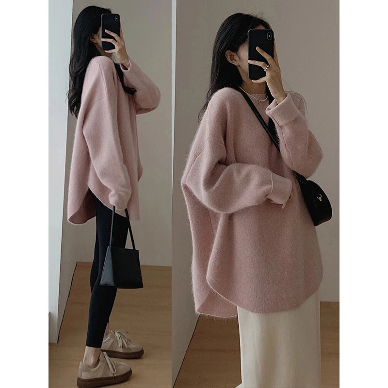 Fashion Knit Pullover for Women Sweet O-neck Fluffy Sweater Female Spring Autumn Soft Elegant Long Sleeve Ladies Knitwear Pink One Size