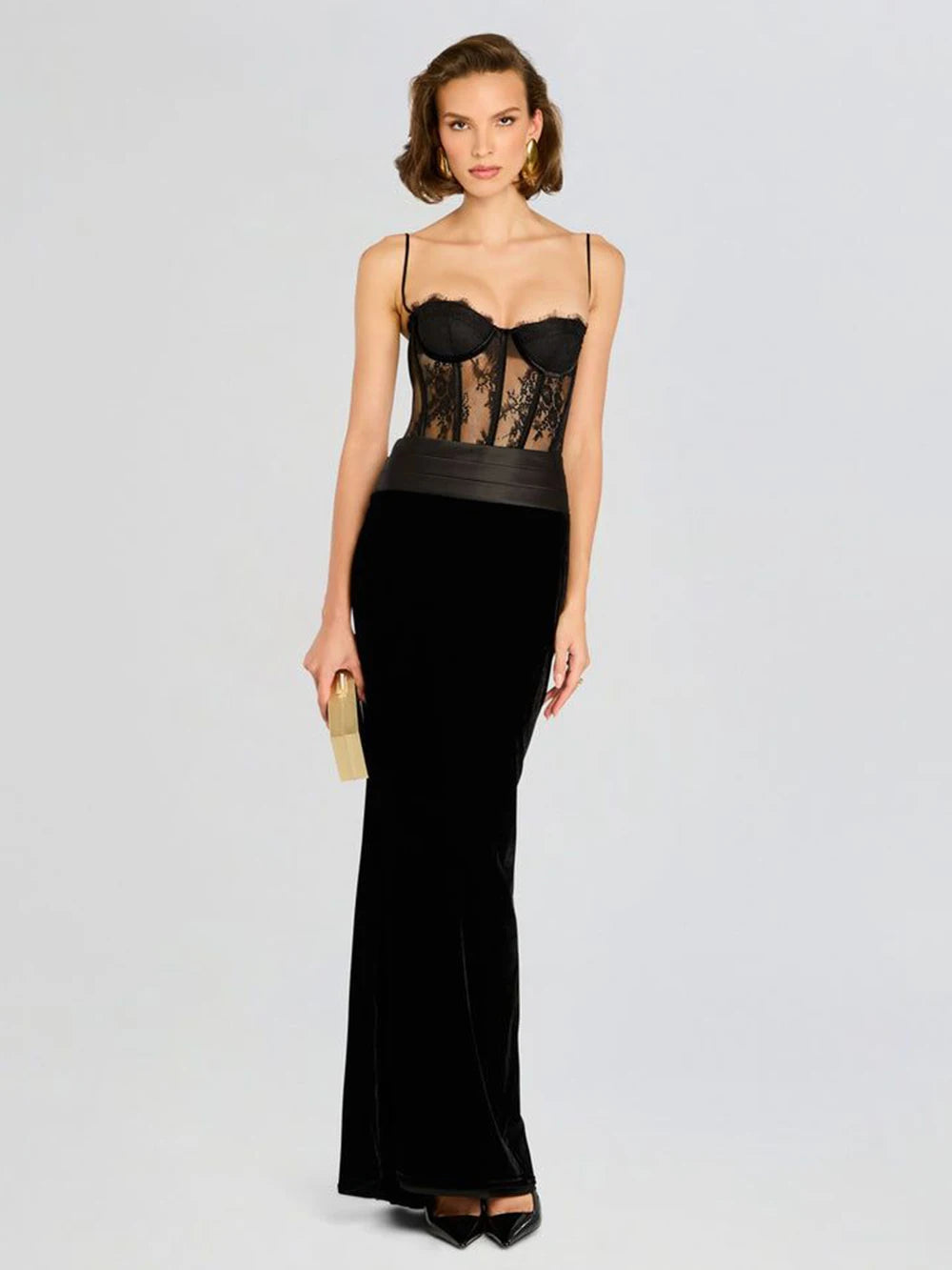 High Quality Women'S Sling Velvet Long Dress Sexy See Through Lace Slim Fishbone Dress Elegant Celebrity Evening Party Gowns