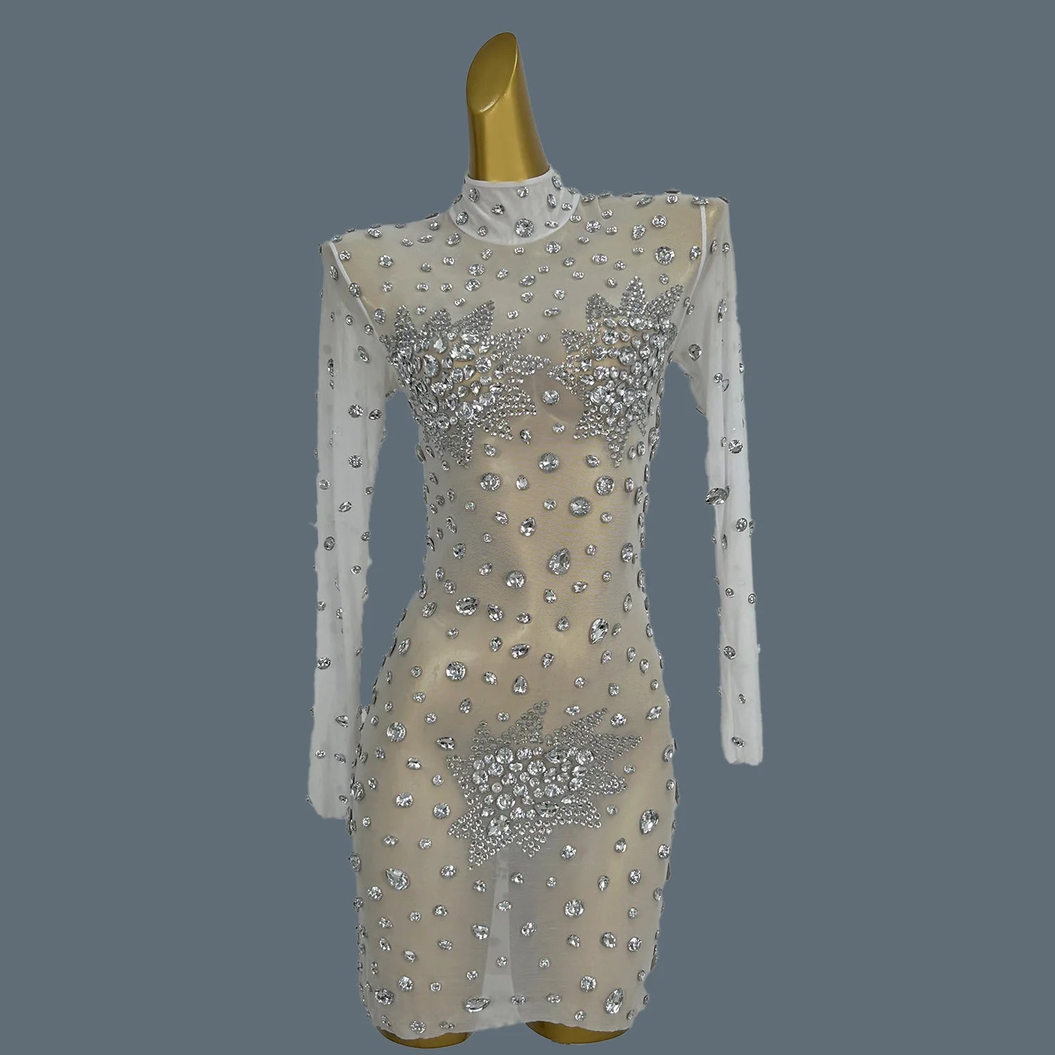 Women Sexy White Crystals Mini Dress Luxury Birthday Celebrate Evening Party Rhinestones Gown Singer Stretch Costume Guibin