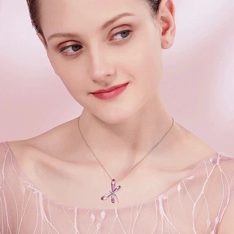 Cute Pink Blue Dragonfly Pendant Necklace for Women Girls Real Austrian Crystals Animal Necklaces Fashion Jewelry Free Shipping