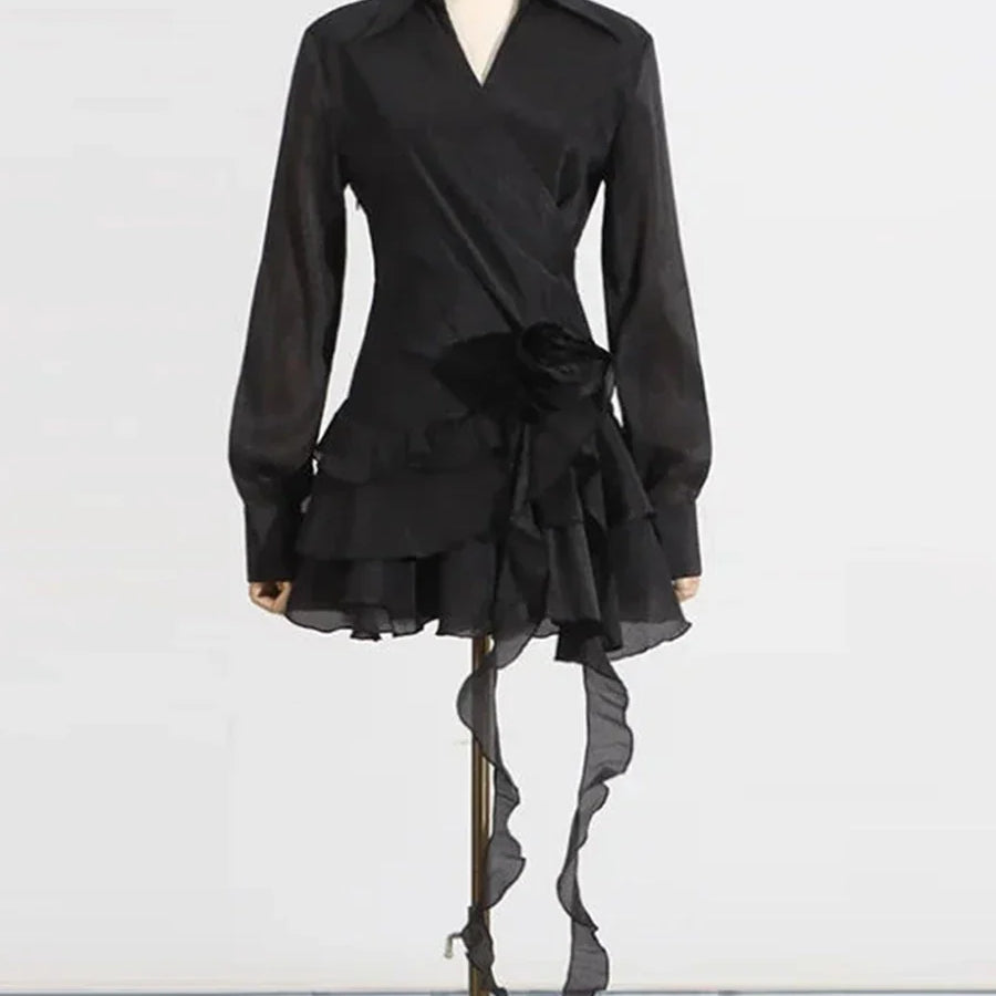 Solid Mini Temperament Mini Dresses for Women V Neck Long Sleeves Patchwork 3D Flower Mini Dress Female Clothing