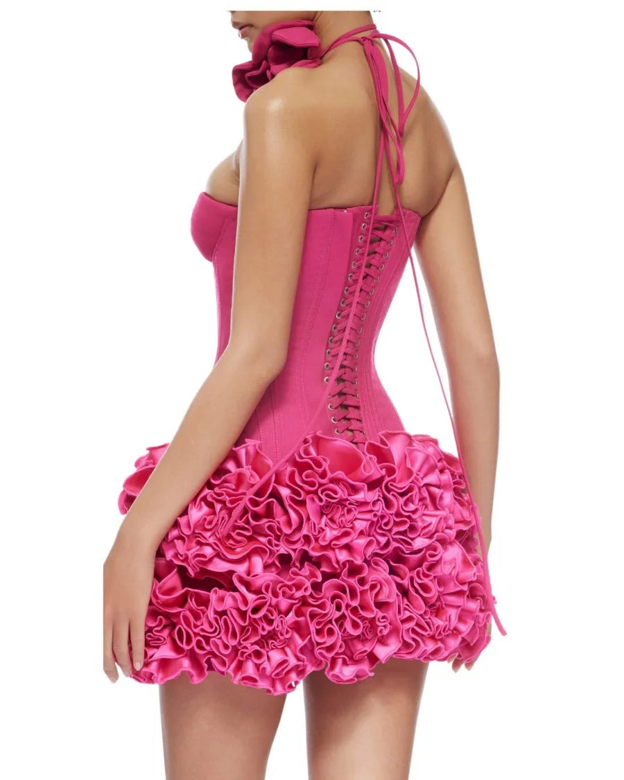 Pink Color Women Sexy Strapless Florals Bodycon Mini Dress Nigthclub Party Celebrate Birthday Fashion Outfit Vestido