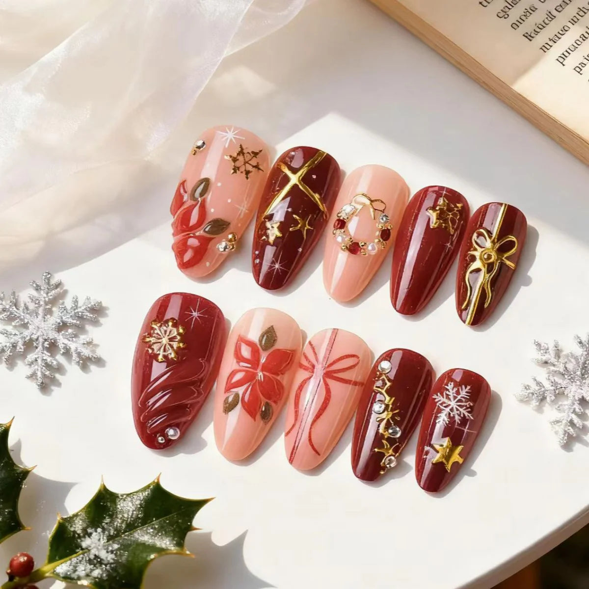 24pcs Christmas Red False Nails Flower Bow Stick on Nail Gilded Snowflake Design Long Almond Fake Nail Wearable Press on Nails