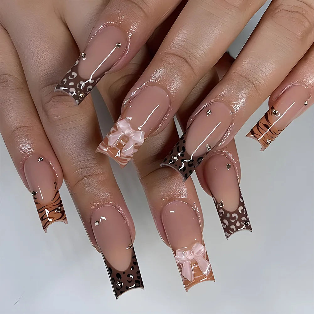 24Pcs French Black Press on Nails Mid-length Square Head Fake Nails with 3D Bow Tie Rhinestone Wearable Finished False Nail Tips