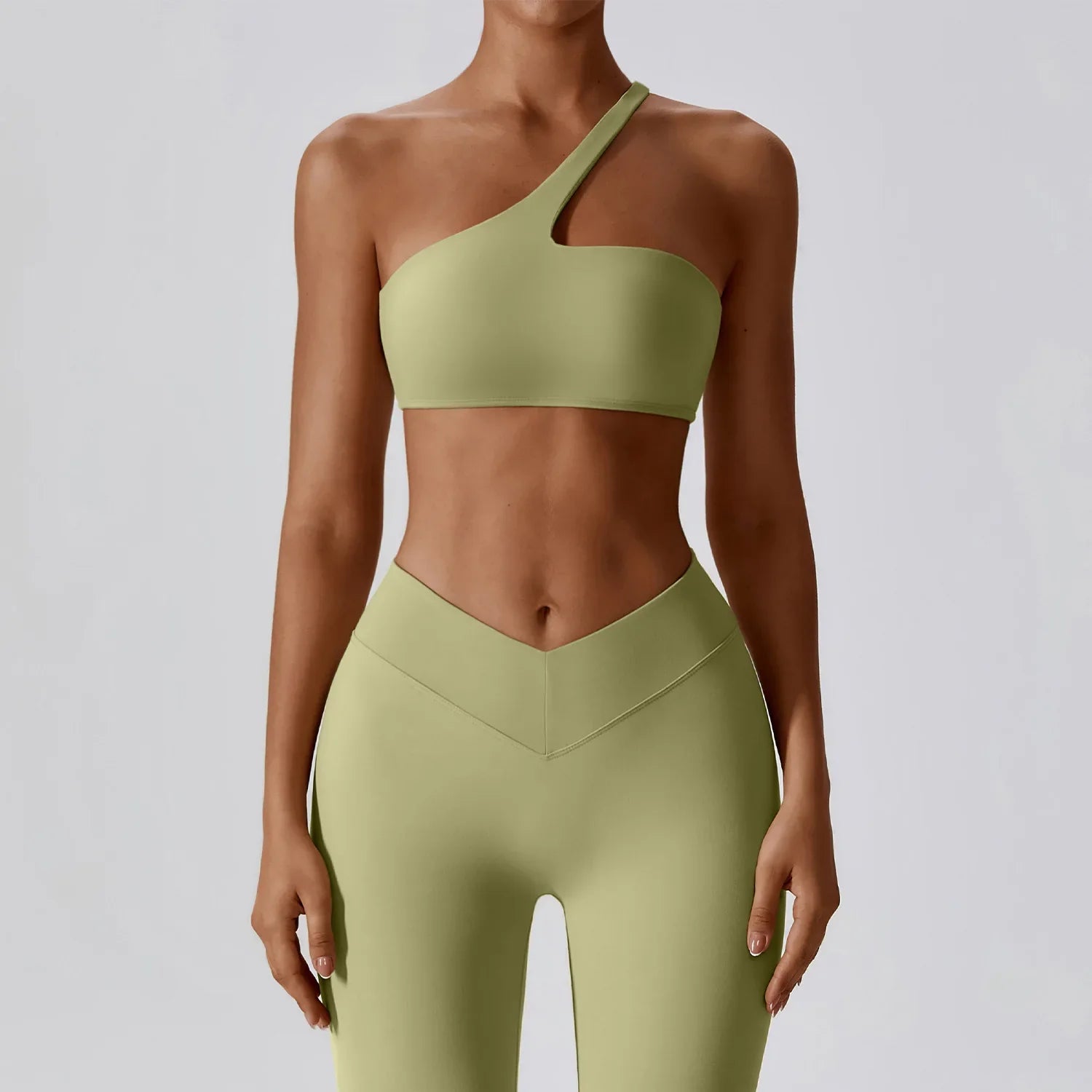 2 Piece Yoga Suit Women's Gym Fitness Push-up Clothes High Waist Leggings One Shoulder Sports Bra Workout Set Fitness Sportswear Bean green CHINA