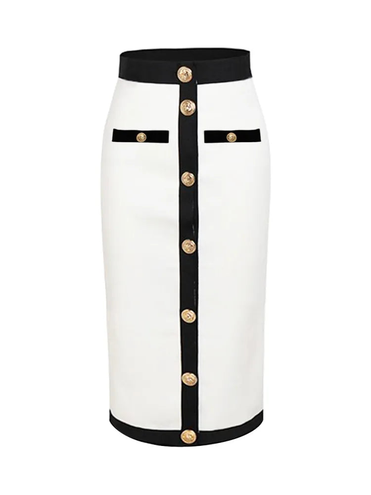 est Women Button Patchwork White Black Bodycon Bandage Skirt 2023 Designer High Waist Party Club Pencil Skirt 60cm