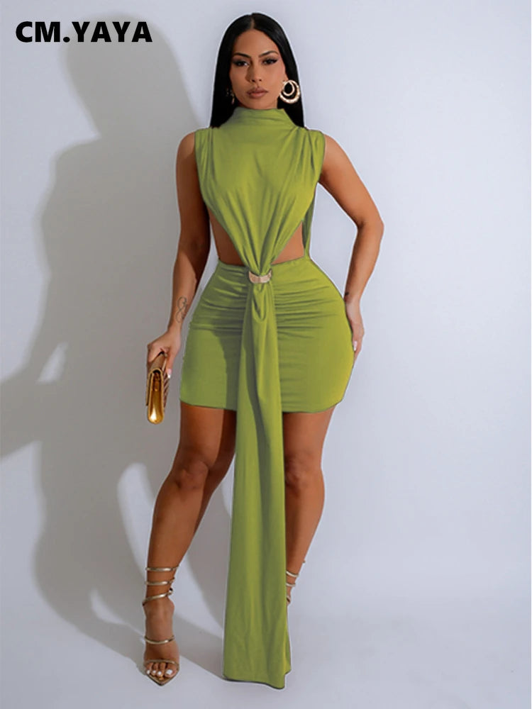 CM.YAYA Women O-neck Ruched Stacked Bodycon Midi Mini Dress 2025 Summer Birthday Evening Party Club Vestidos Sexy Chic Dresses