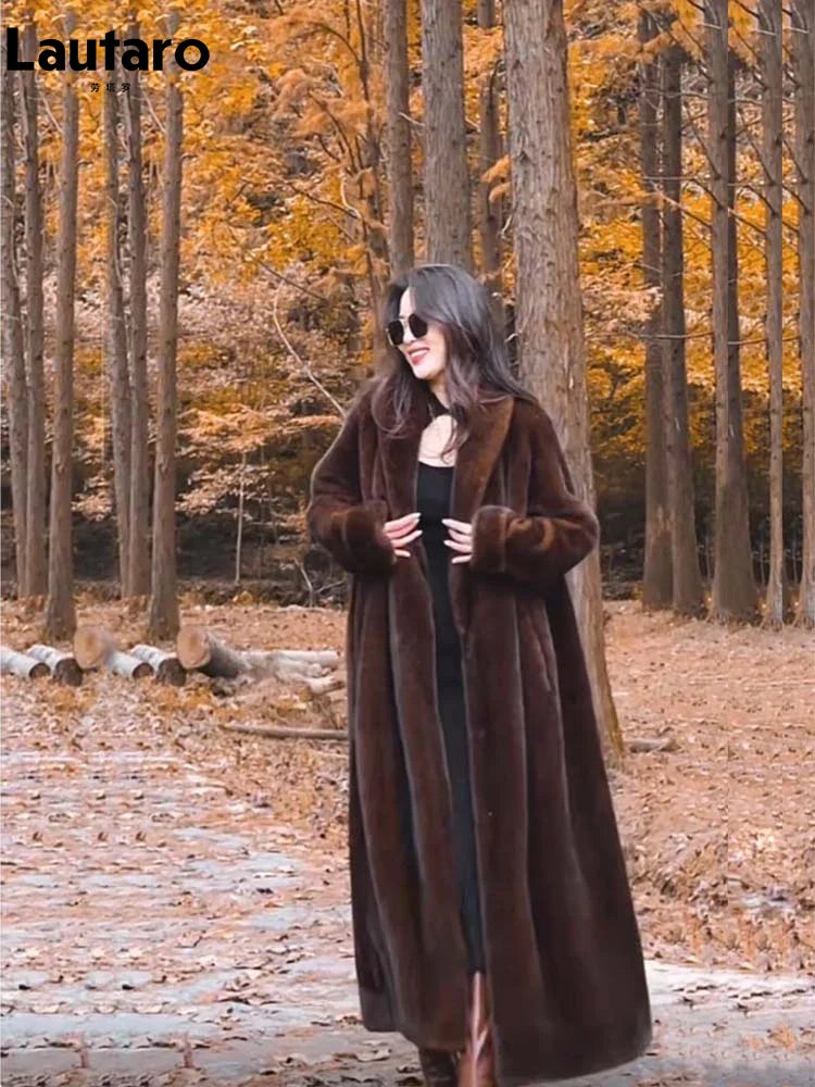 Winter Long Oversized Warm Thick Fluffy Brown Soft Skirted Faux Mink Fur Coat Women Elegant Luxury Furry Overcoat 2024