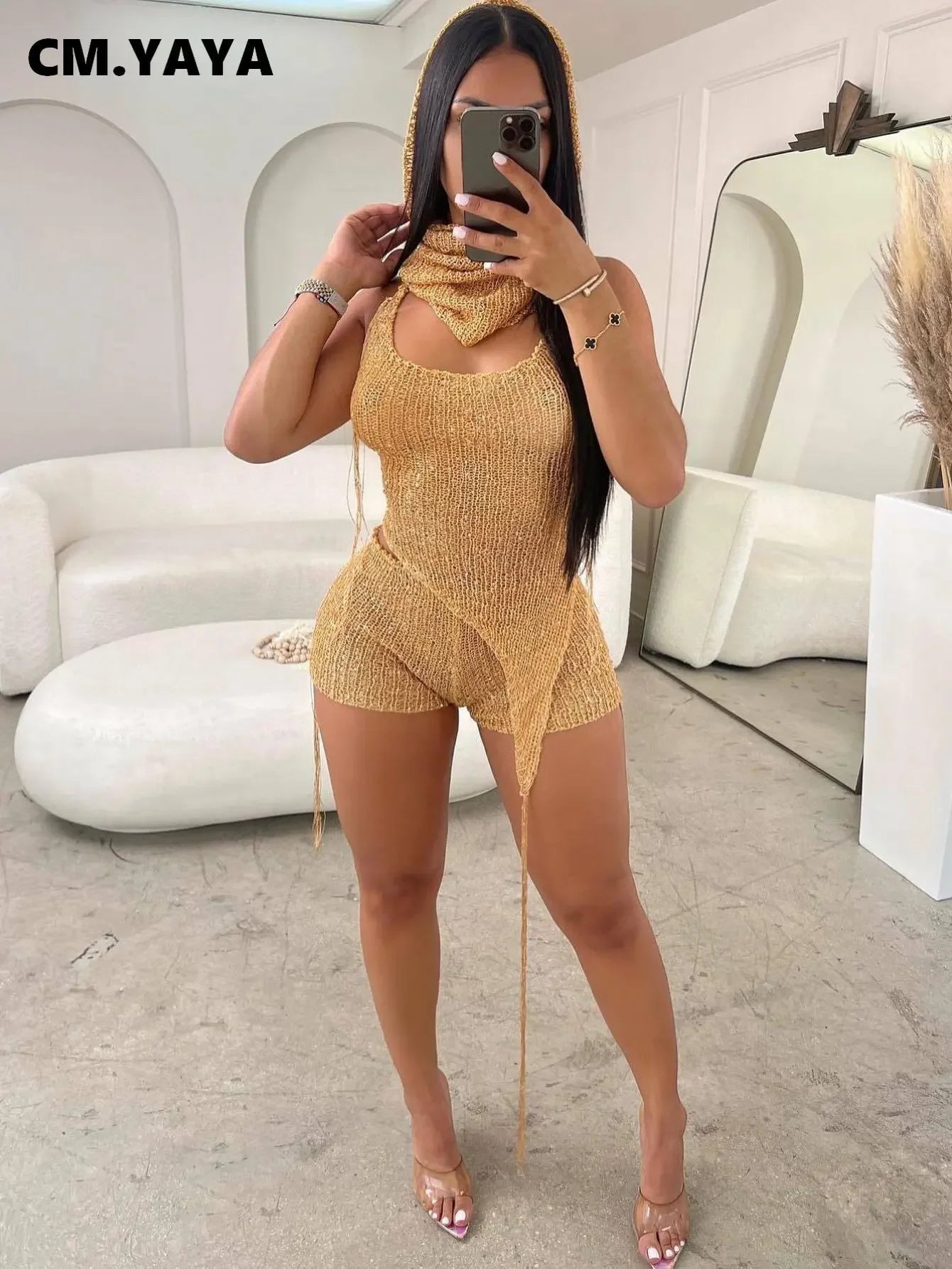 CM.YAYA Knit Ribbed Women's Set Halter Neck Backless Crop Top with Hat Shorts Suit 2023 Summer Two 2 Piece Set Outfit Tracksuit