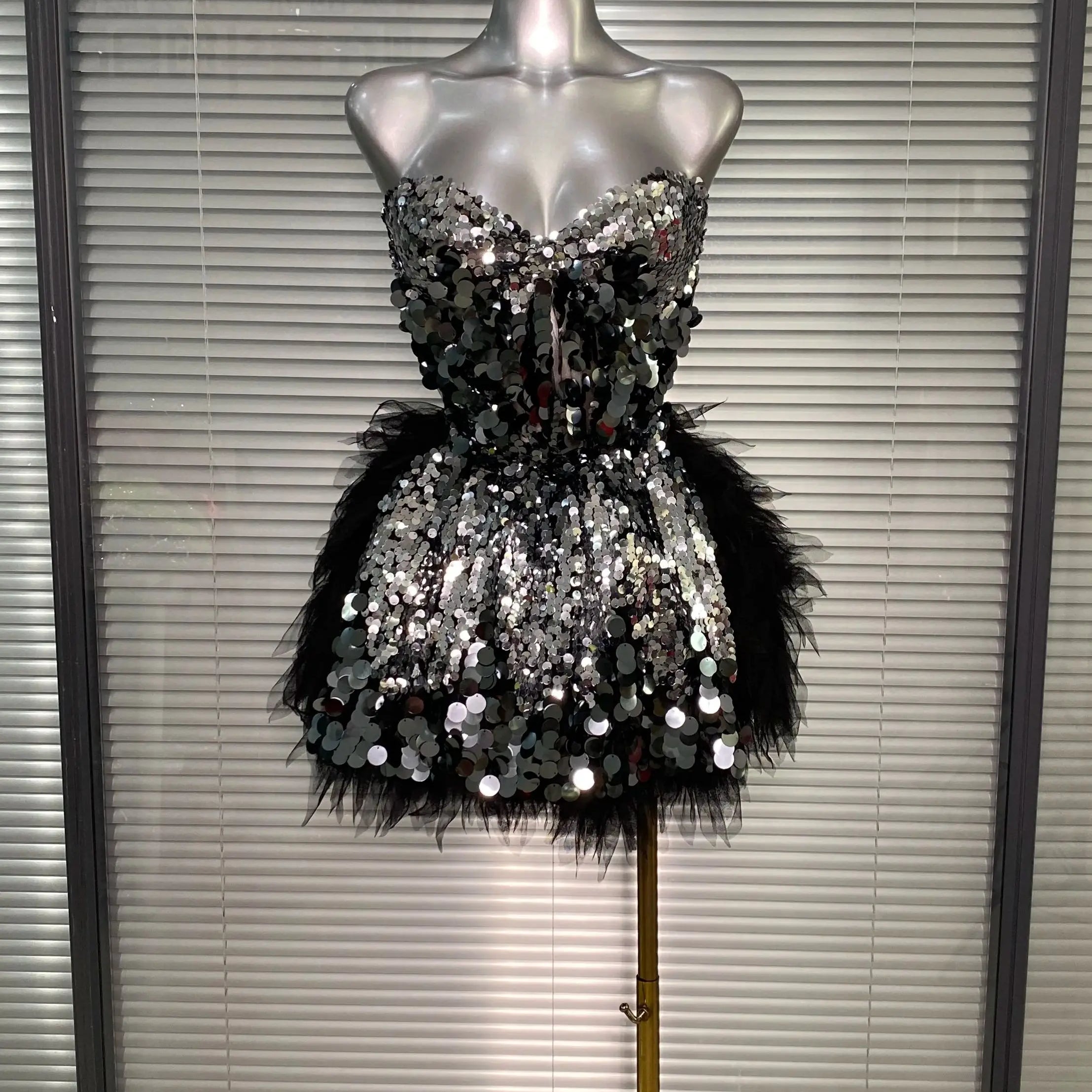 Women Sexy Sequins Black Two Pieces Set Tutu Night Club Skirt Suits Singer Dancer Stage Performance Costume