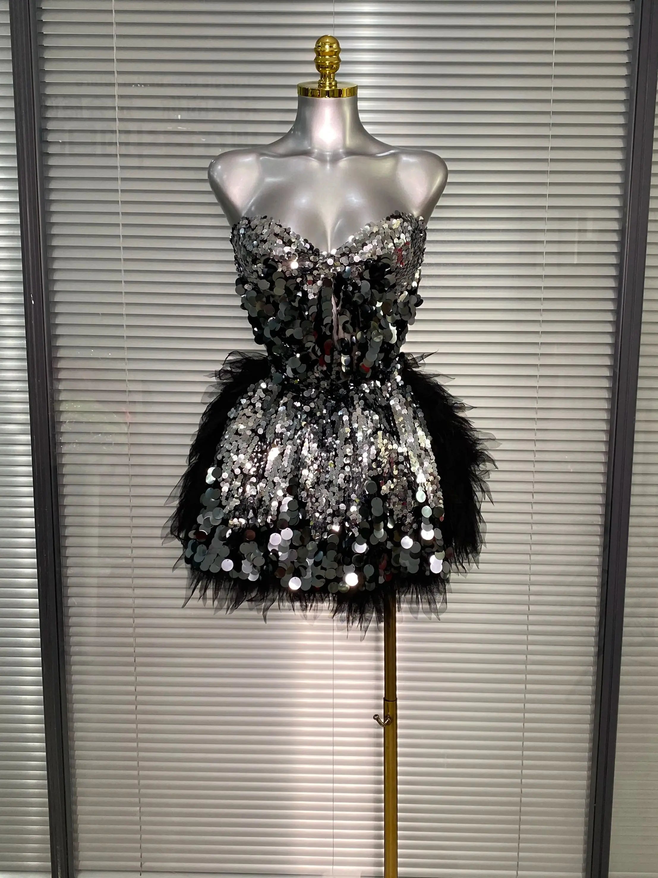 Women Sexy Sequins Black Two Pieces Set Tutu Night Club Skirt Suits Singer Dancer Stage Performance Costume