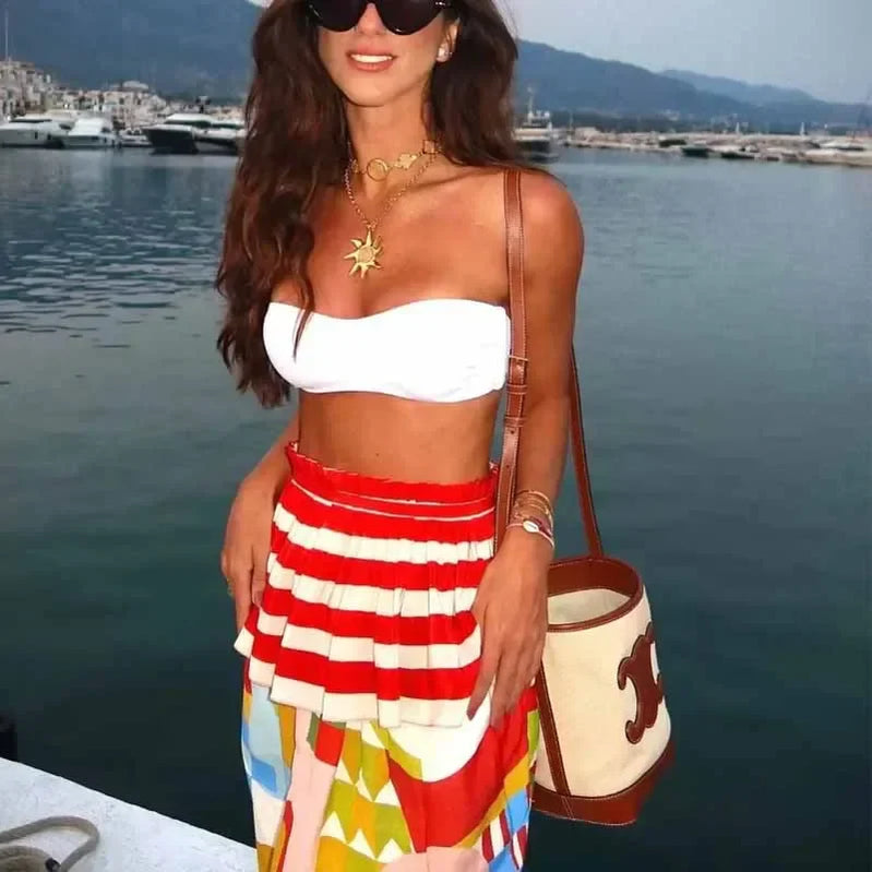 TRAF Print Skirts Women Summer Midi Skirt Ruffle Dress Elastic Waist Skirts Luxury Elegant Women's Skirts Aesthetic Skirts