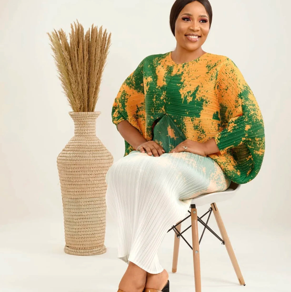 Spring Print Pleated Skirt/Holiday Party Temperament Loose Bat S Sleeve Dress Factory Spot