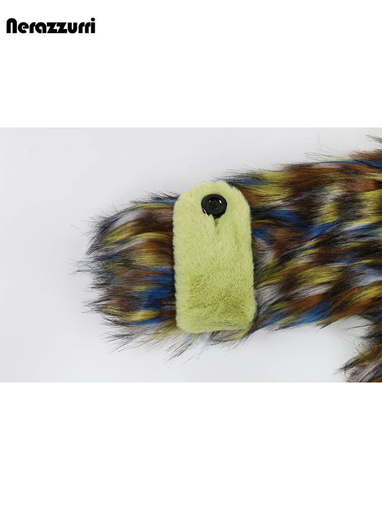 Winter Long Colorful Thick Warm Colorful Hairy Shaggy Patchwork Faux Fox Fur Coat Women Fluffy Furry Overcoat
