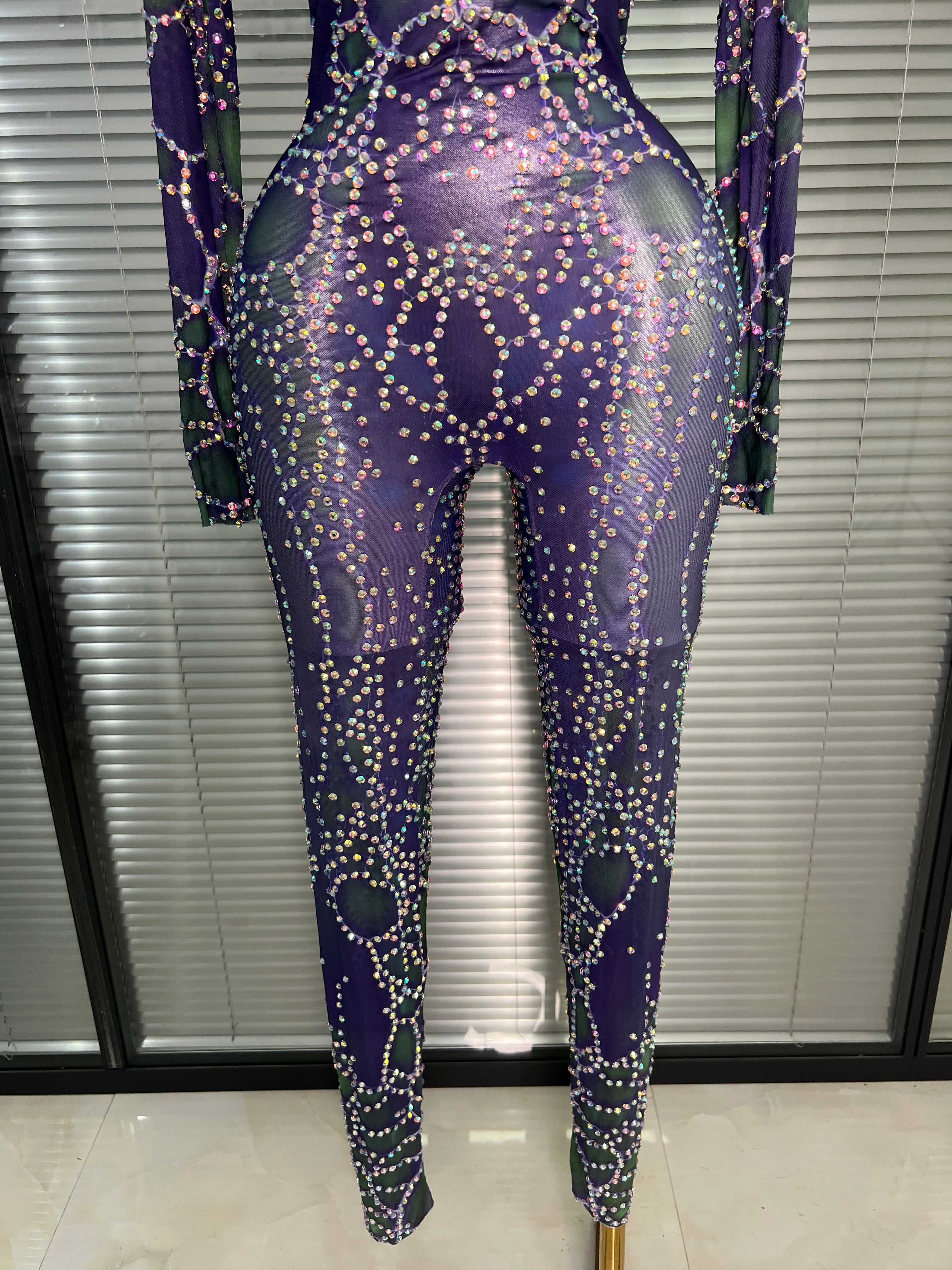 Women Sexy Crystal Sheer Printed Bodycon Jumpsuit Celebrity Designer Dancer See Through Night Club Rompers