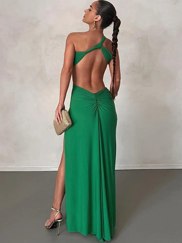 Mozision One Shoulder Strap Backless Maxi Dress For Women Gown Strapless Sleeveless Backless Thigh High Split Sexy Evening Dress