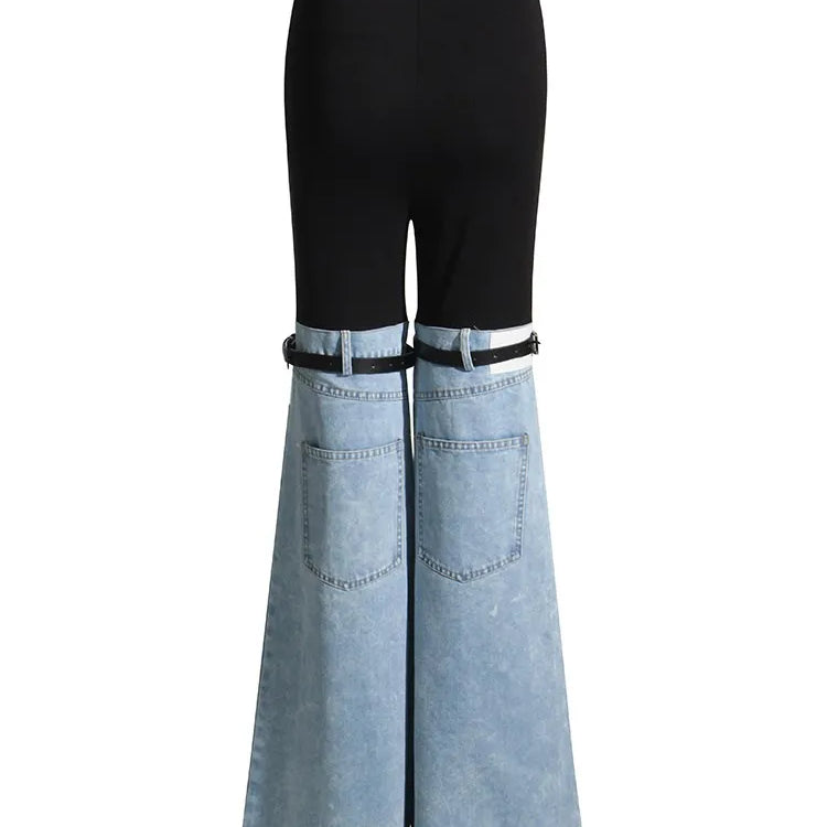 Hit Color Spliced Belt Jeans For Women High Waist Patchwork Pockets Slim Striaght Wide Leg Pant Female Fashion Style Clothes