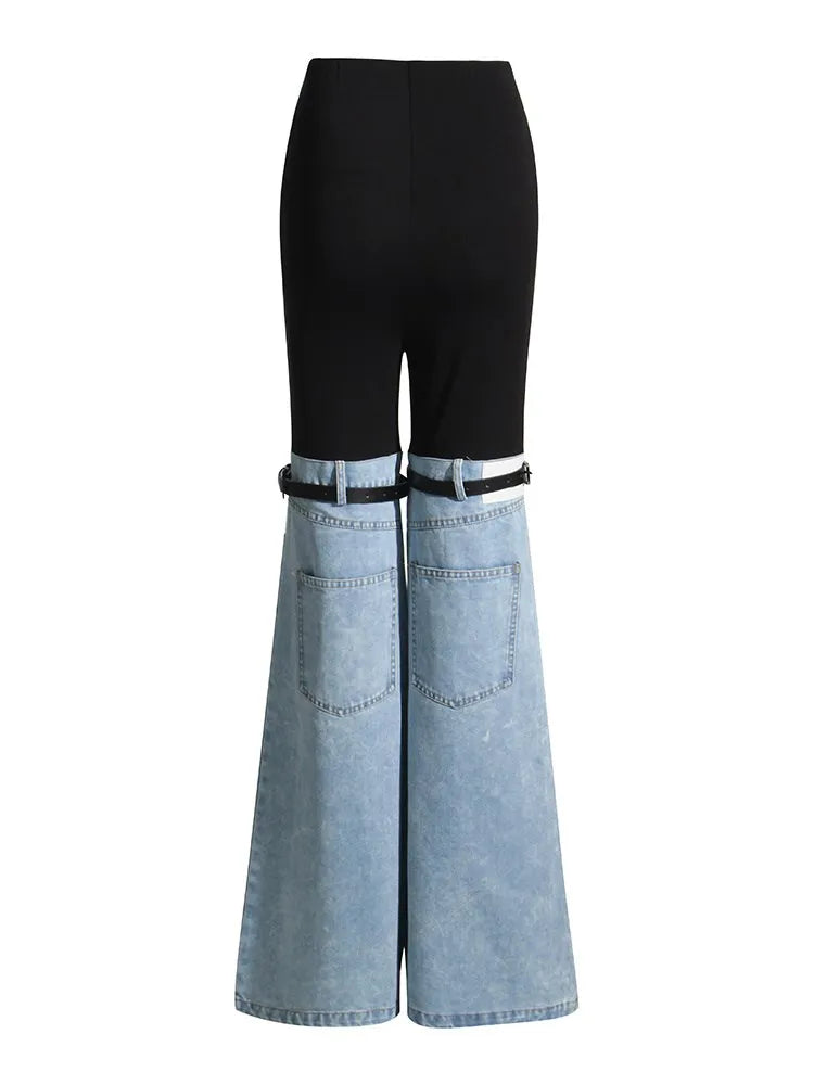 Hit Color Spliced Belt Jeans For Women High Waist Patchwork Pockets Slim Striaght Wide Leg Pant Female Fashion Style Clothes