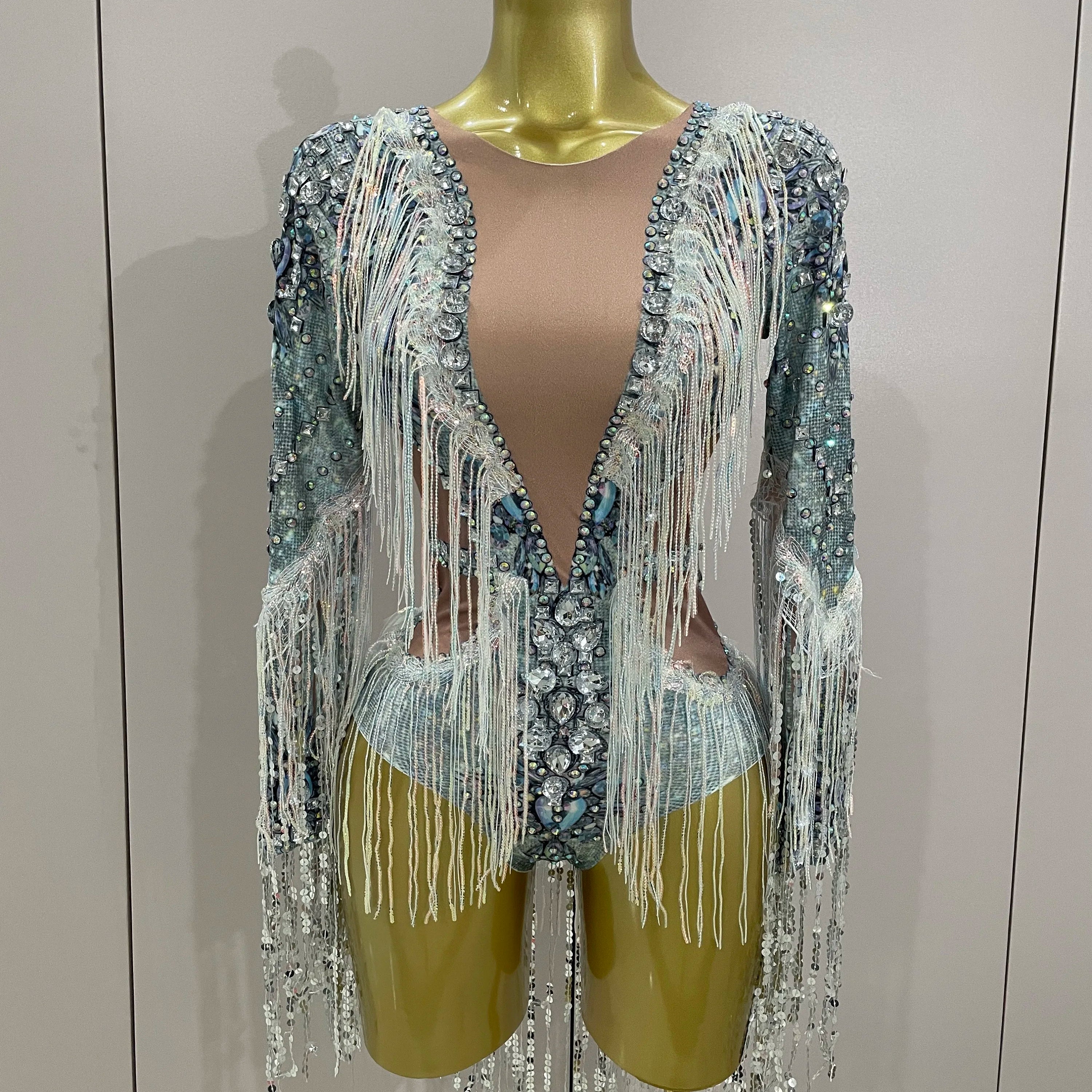 STOCK 2025 Flashing Sequins Tassels Sexy See-Through Sheath Bodysuit Evening Party Nightclub Dancer Stage Perfprmance Costume