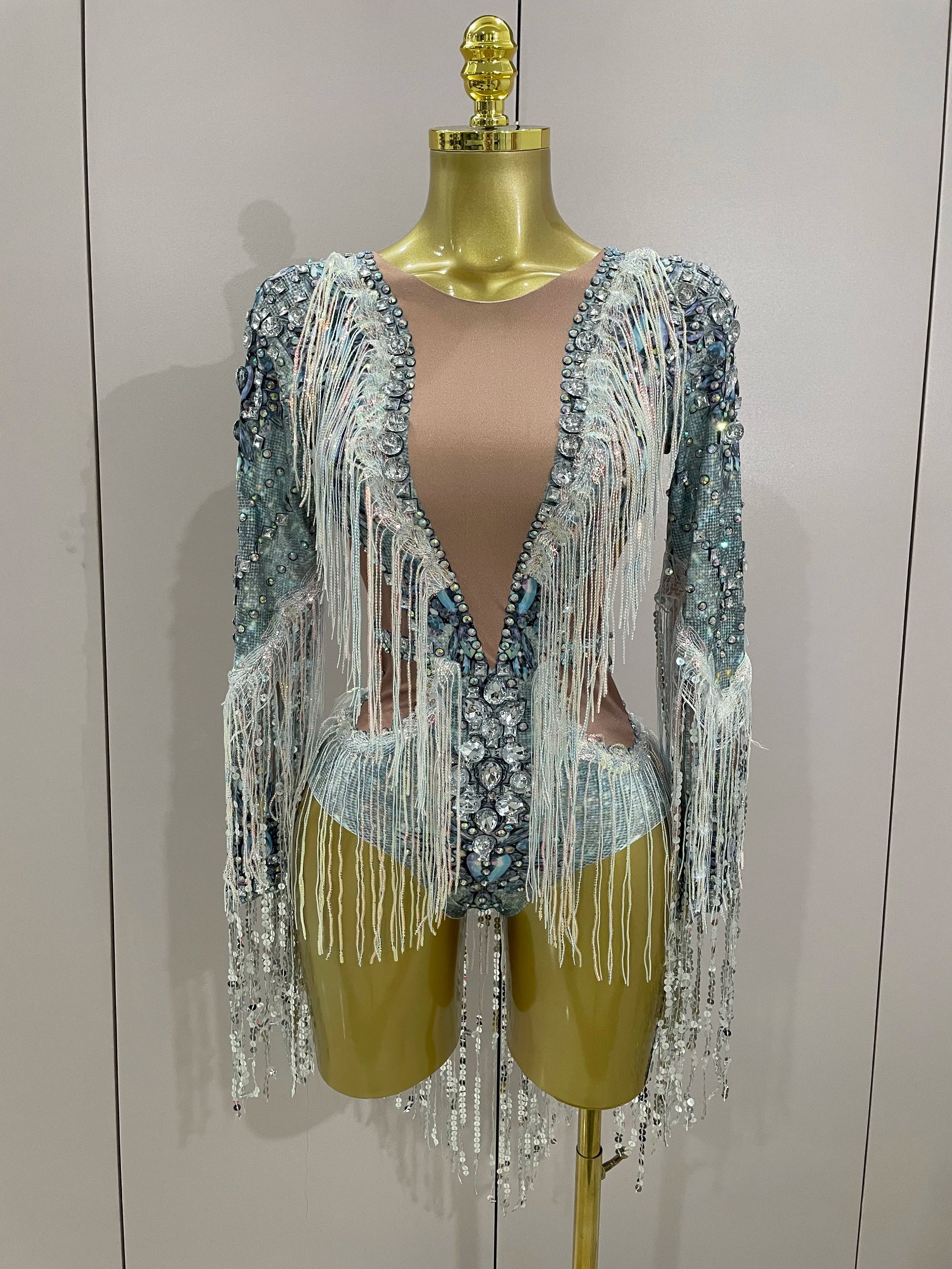 STOCK 2025 Flashing Sequins Tassels Sexy See-Through Sheath Bodysuit Evening Party Nightclub Dancer Stage Perfprmance Costume