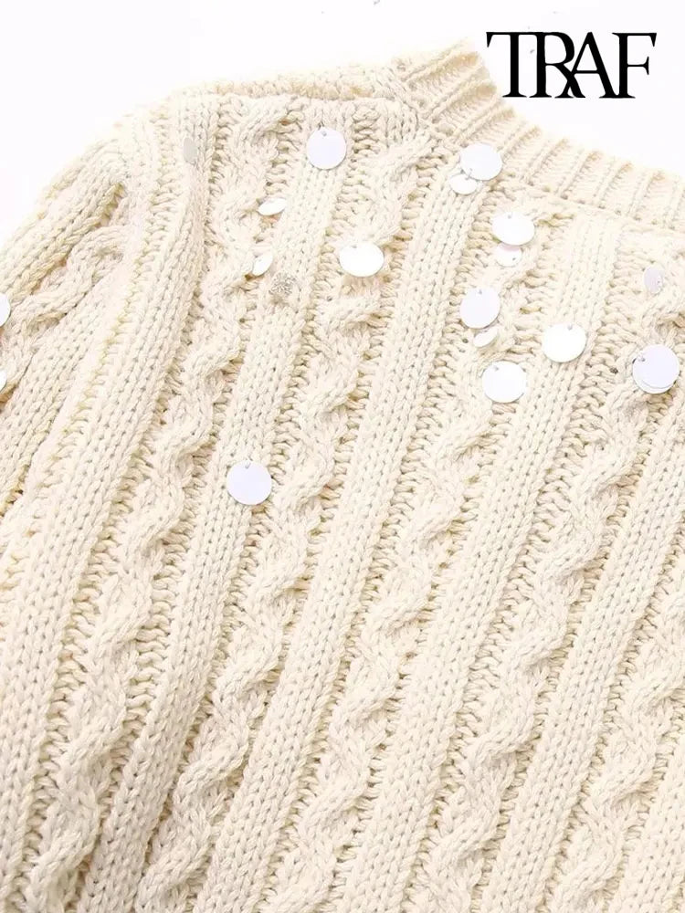 Women Fashion With Beading Cropped Knit Cardigan Sweater Vintage Long Sleeve Front Button Female Outerwear Chic Tops