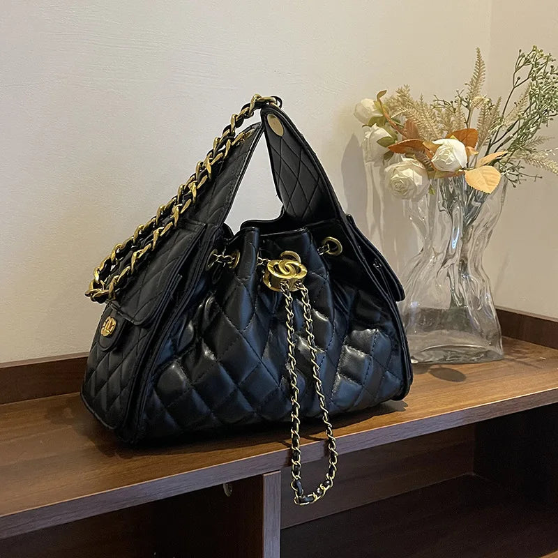 Fashion Quilted Bucket Bag for Women - Simple Chain Crossbody Shoulder Bag, Daily Use Leather Purse
