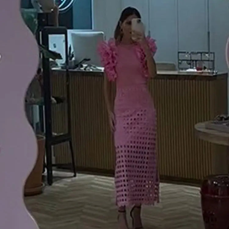 Women Elegant Pink Spliced Pleated Lace Midi Dress Chic Round Neck Sleeveless Hollow Out Robe New Lady Party Slim Vestidos