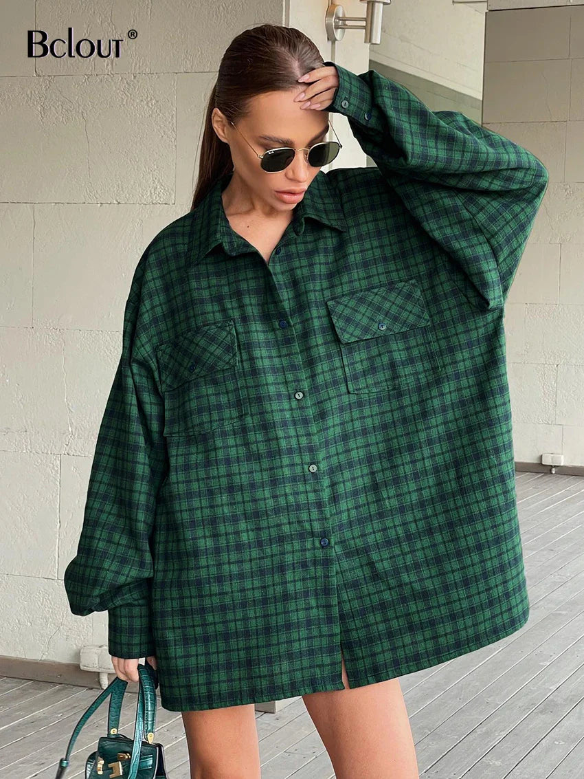 Bclout Casual Green Plaids Loose Blouses For Women 2022 Winter Vintage Long Sleeve Party Shirts Flannel Elegant Office Lady Tops