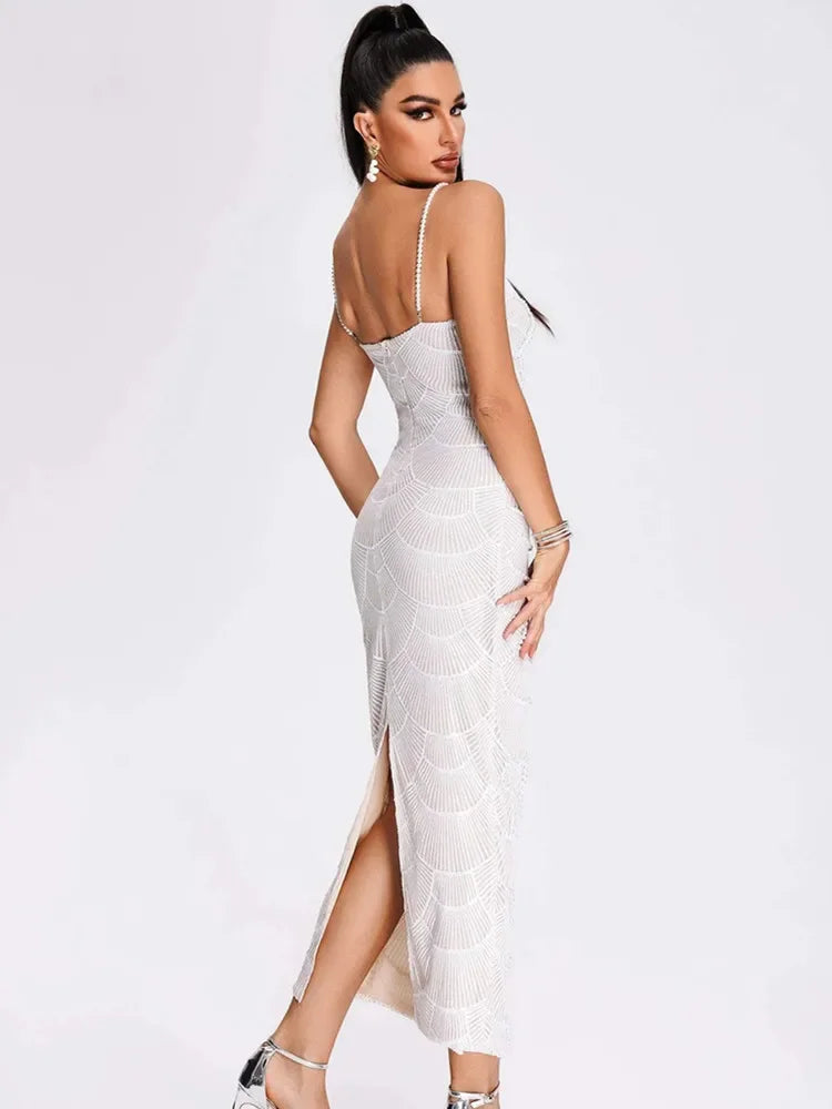 Women Luxury Sexy V Neck White Pearl Beading Cut Out Maxi Long Bodycon Gowns Dress Birthday Elegant Evening Party Club Dress