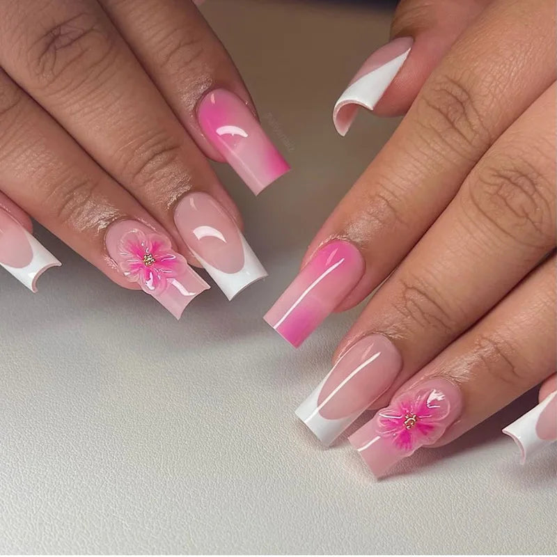 24Pcs French False Nails Pink Zebra Pattern Press on Nails Medium Square Coffin False Nails Y2k Artificial Full Cover Nail Tips