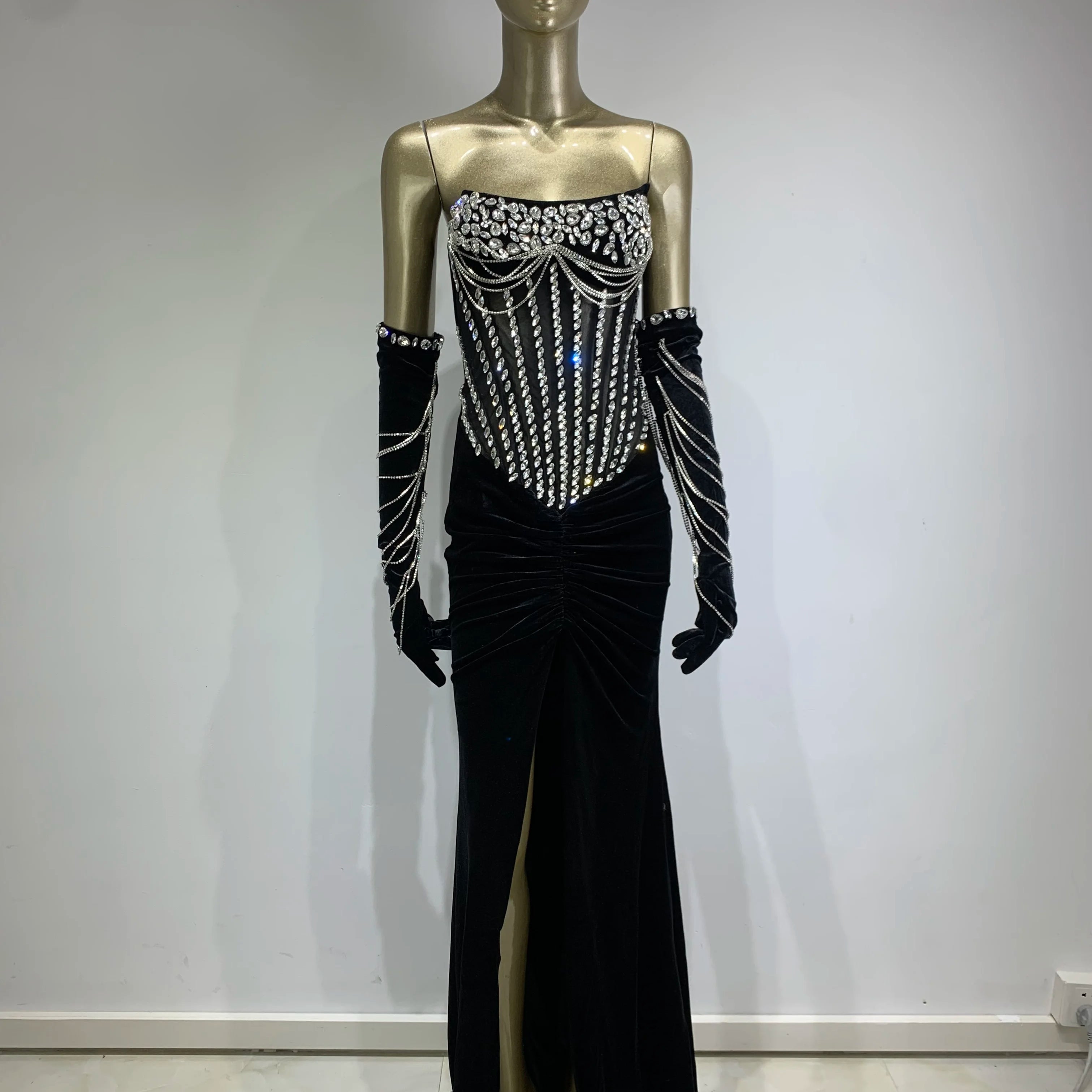 Women Luxury Sexy Strapless Beading Diamonds Black Maxi Long Dress 2024 Elegant Party Evening Stage Performance Dress Vestido